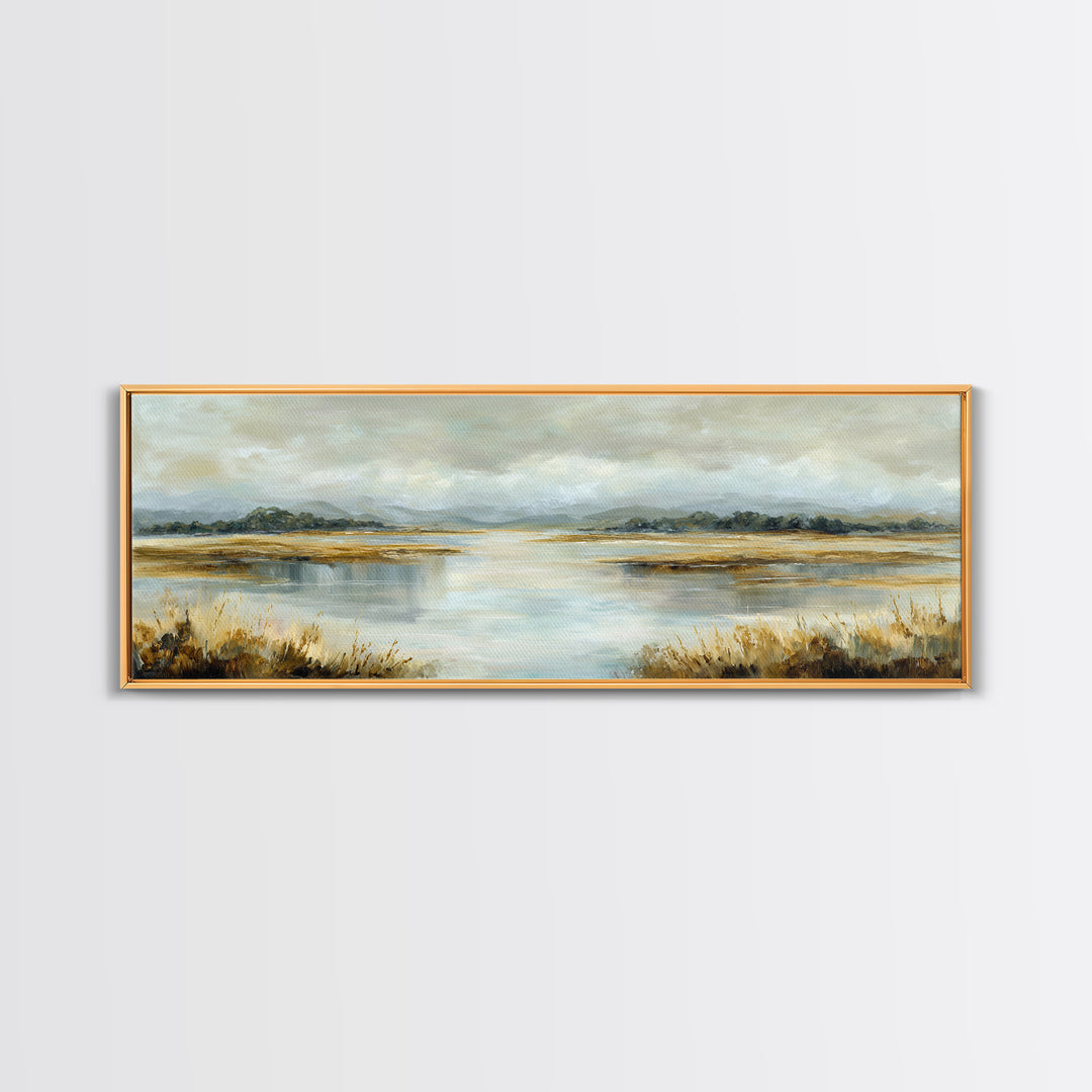 Serene Lake with Pale Morning Reflection Framed Canvas Print, Master Bedroom, Room Decor, Bedroom Decor, Fine Art, Sanctuary, MAS-3x1-23
