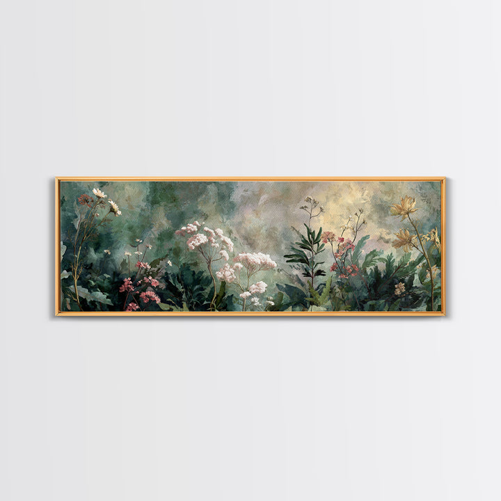 Dreamy Celestial Moon and Botanical Composition Framed Canvas Print, Master Bedroom, Bedroom Decor, Oil Painting, Sanctuary, MAS-3x1-51