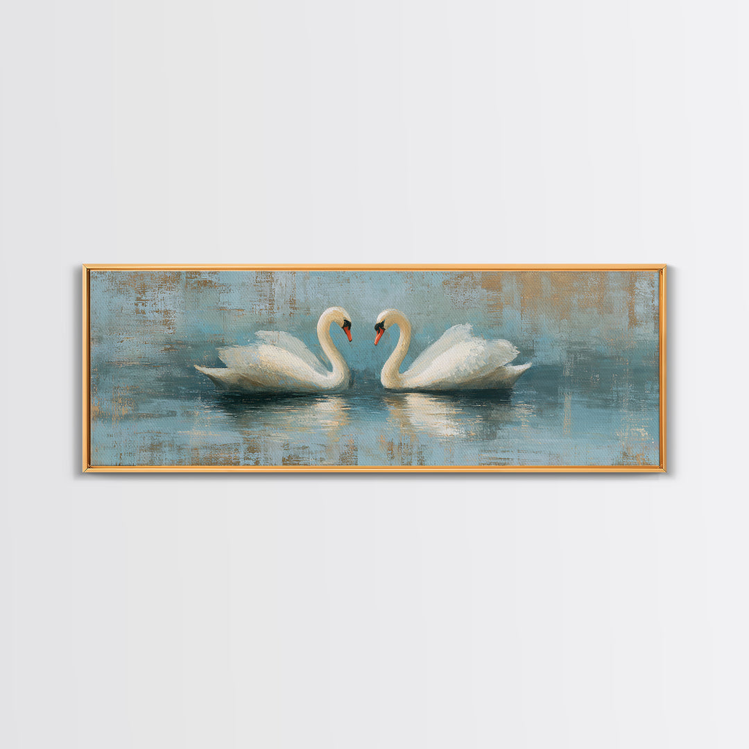 Romantic Swan Pair on Dark Water Framed Canvas Print, Master Bedroom, Art Print, Bedroom Decor, Sanctuary, Above Bed Decor, MAS-3x1-55