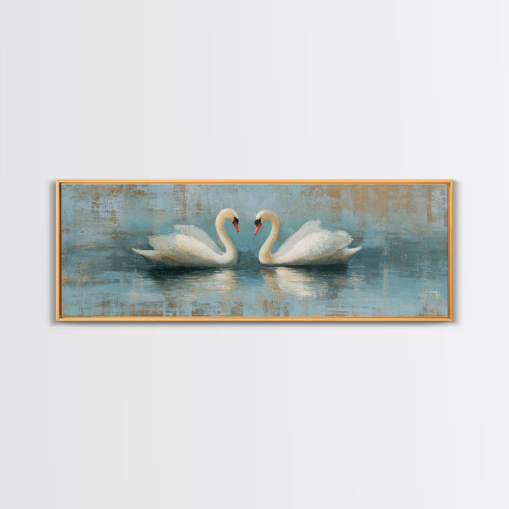 Romantic Swan Pair on Dark Water Framed Canvas Print, Master Bedroom, Art Print, Bedroom Decor, Sanctuary, Above Bed Decor, MAS-3x1-55