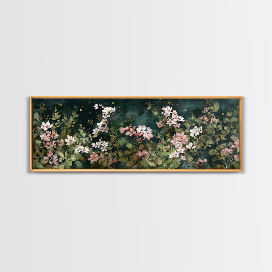 Night Garden with Pale Flowers and Stars Framed Canvas Print, Master Bedroom, Bedroom Decor, Watercolor Art, Sanctuary, MAS-3x1-63