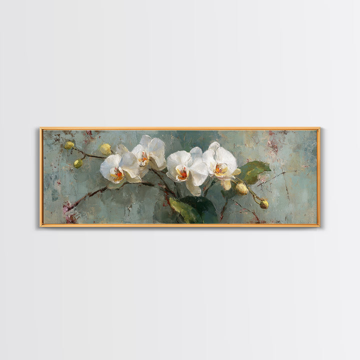 White Orchids Against Warm Gray Background Framed Canvas Print, Master Bedroom, Neutral Decor, Bedroom Decor, Sanctuary, MAS-3x1-73