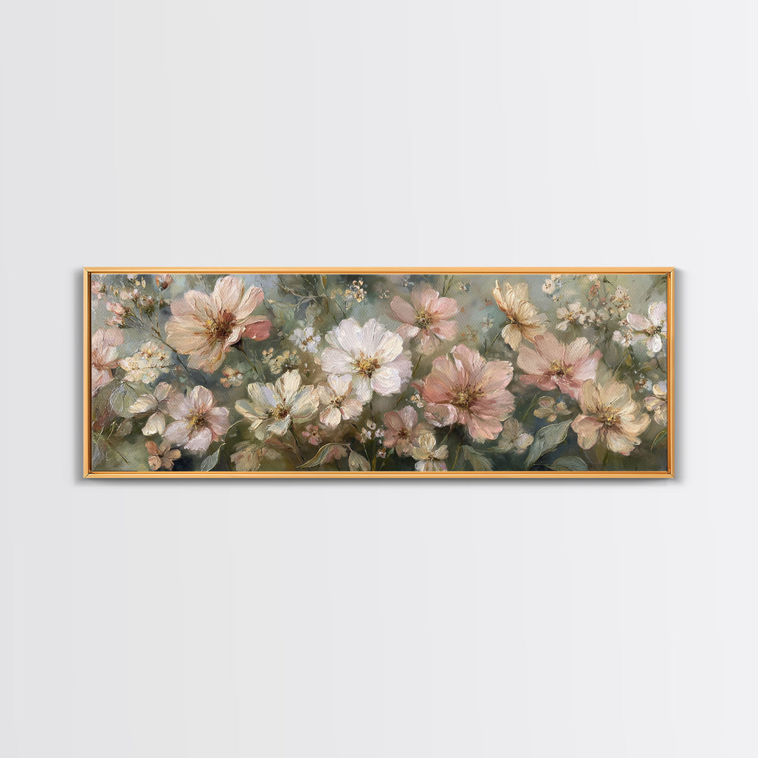 Night Garden with Pale Flowers and Stars Framed Canvas Print, Master Bedroom, Farmhouse Decor, Bedroom Decor, Sanctuary, MAS-3x1-87