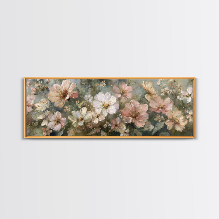 Night Garden with Pale Flowers and Stars Framed Canvas Print, Master Bedroom, Farmhouse Decor, Bedroom Decor, Sanctuary, MAS-3x1-87