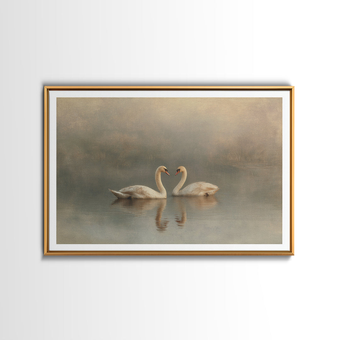 Romantic Swan Pair on Dark Water Framed Canvas Print, Master Bedroom, Statement Artwork, Bedroom Decor, Fine Art, Sanctuary, MAS-3x2-19