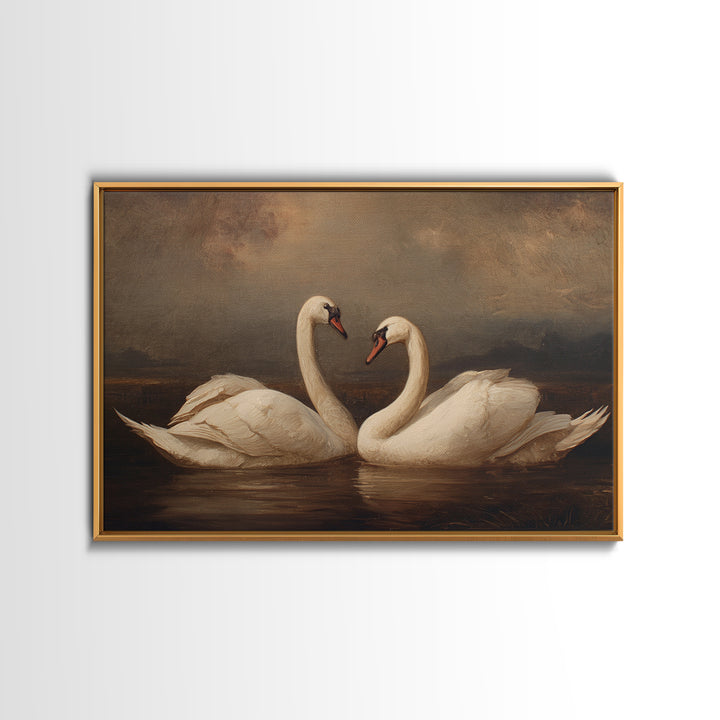 Romantic Swan Pair on Dark Water Framed Canvas Print, Master Bedroom, Farmhouse Wall Decor, Bedroom Decor, Oil Painting, MAS-3x2-91