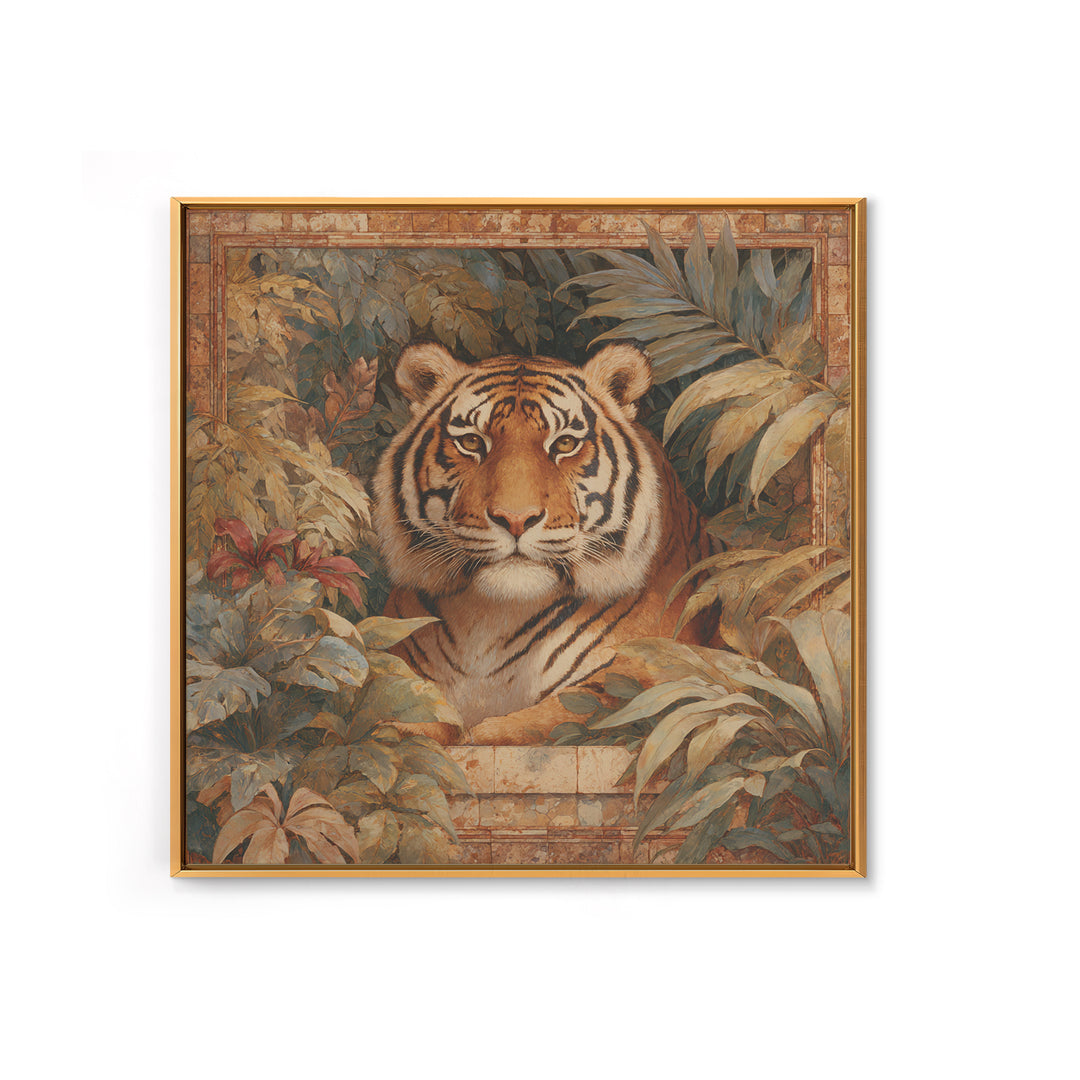 Bold Patterned Tiger Surrounded by Tropical Leaves Canvas Print, Maximalist Art, Moody Wall Art, Living Room Decor, Maximal, MAX-1x1-26