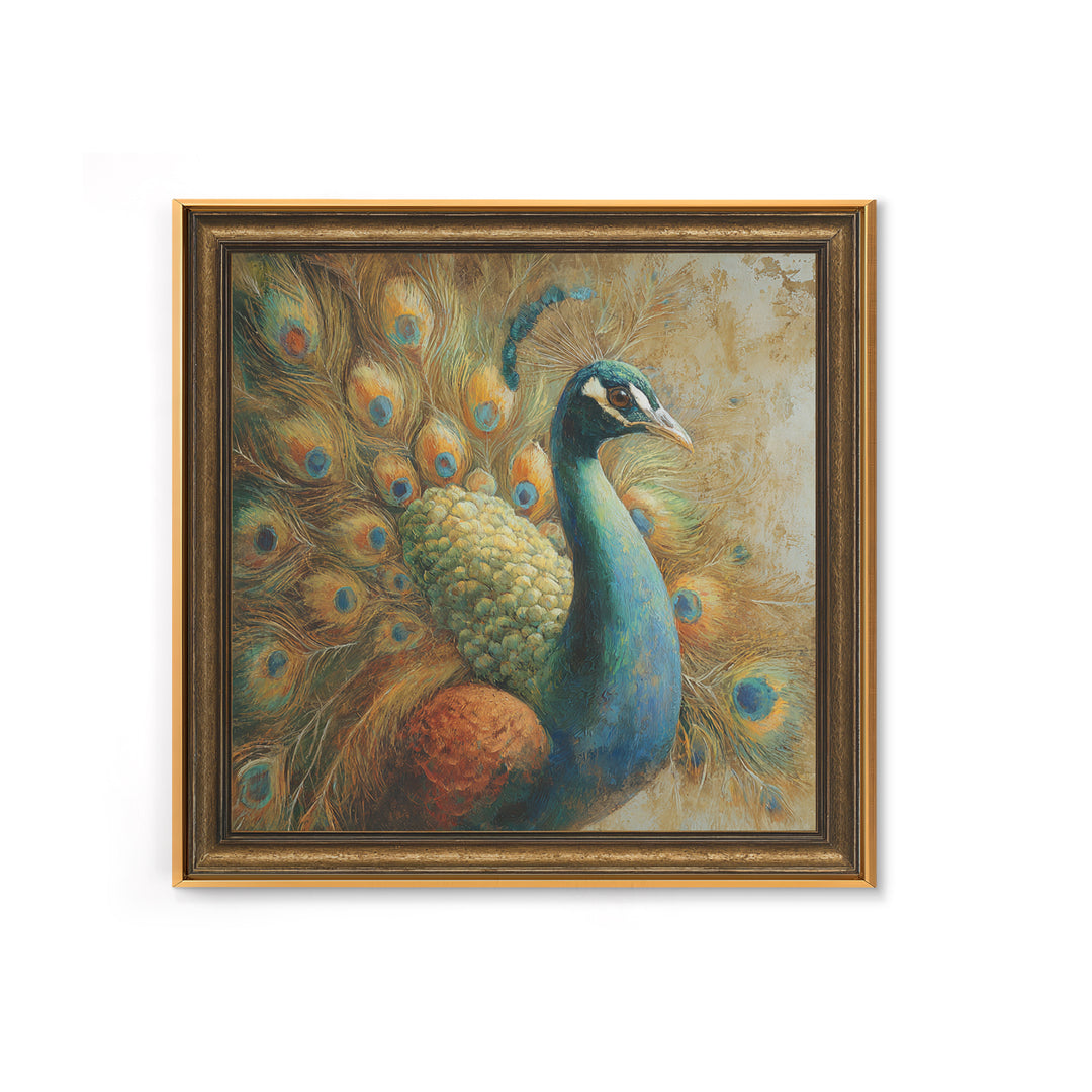 Dramatic Peacock with Oversized Feather Pattern Framed Canvas Print, Maximalist Art, Gallery Decor, Living Room Decor, Maximal, MAX-1x1-32