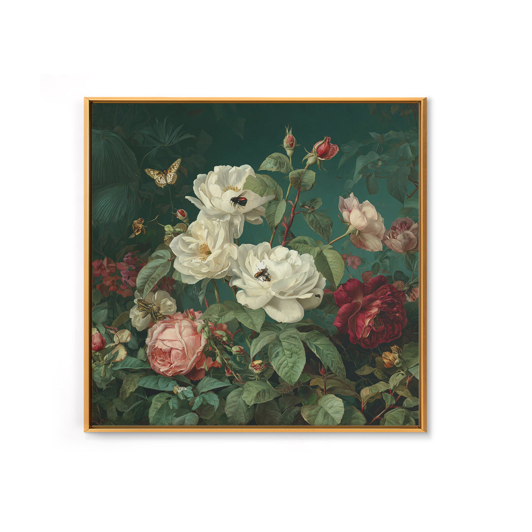 Lush Garden Wall of Roses Palms and Framed Canvas Print, Maximalist Art, Gallery Decor, Living Room Decor, Fine Art, Maximal, MAX-1x1-38
