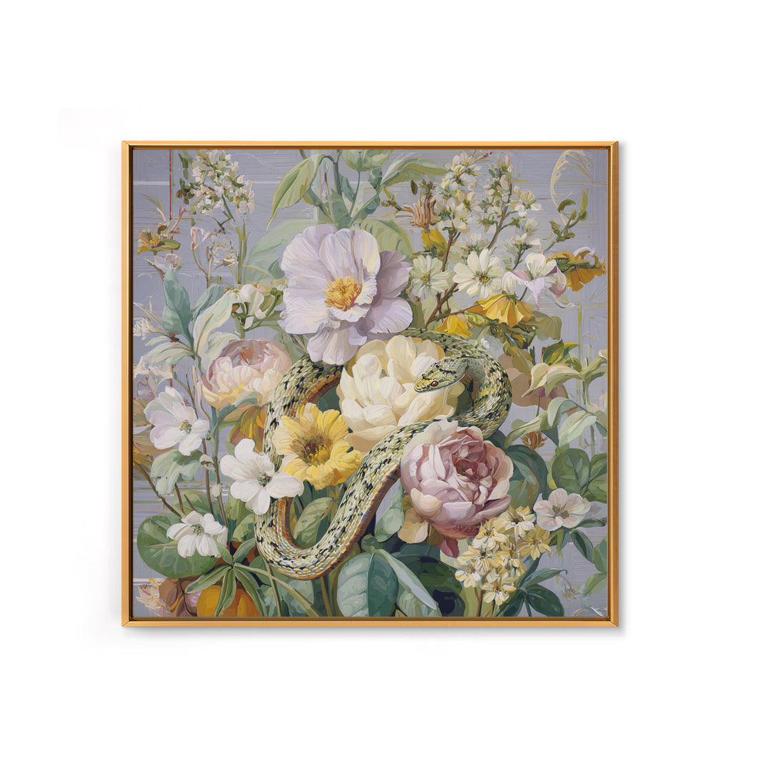 Highly Patterned Snake and Flower Composition Framed Canvas Print, Maximalist Art, Boho Decor, Living Room Decor, Maximal, MAX-1x1-61
