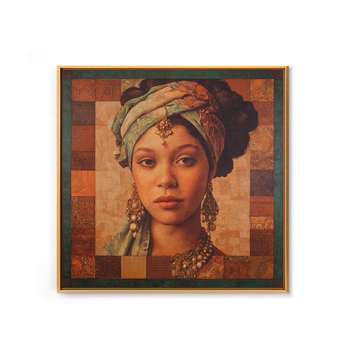 Ornate Portrait with Layered Textiles and Jewels Canvas Print, Maximalist Art, Retro Wall Art, Living Room Decor, Oil Painting, MAX-1x1-76