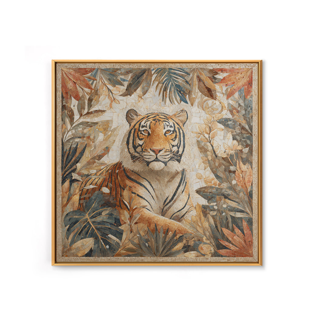 Bold Patterned Tiger Surrounded by Tropical Leaves Canvas Print, Maximalist Art, Textured Painting, Living Room Decor, Maximal, MAX-1x1-98