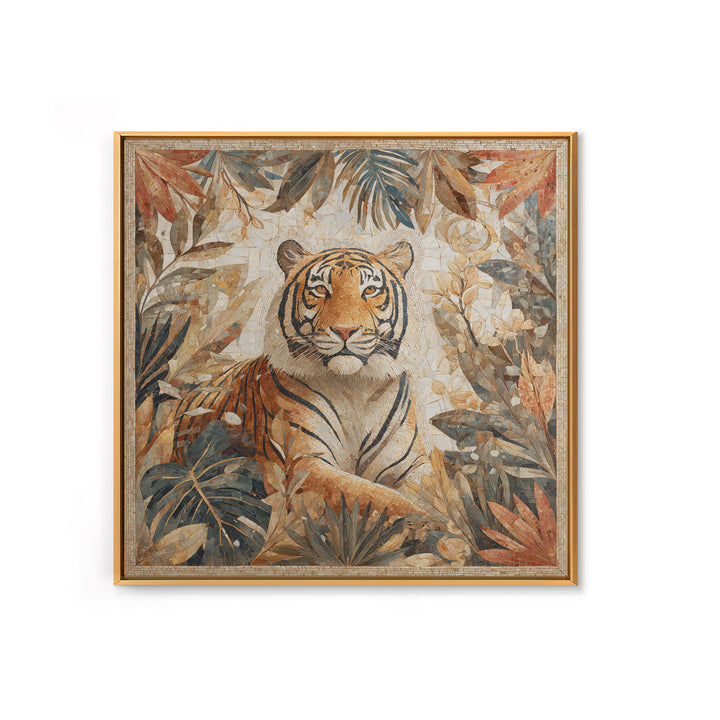 Bold Patterned Tiger Surrounded by Tropical Leaves Canvas Print, Maximalist Art, Textured Painting, Living Room Decor, Maximal, MAX-1x1-98