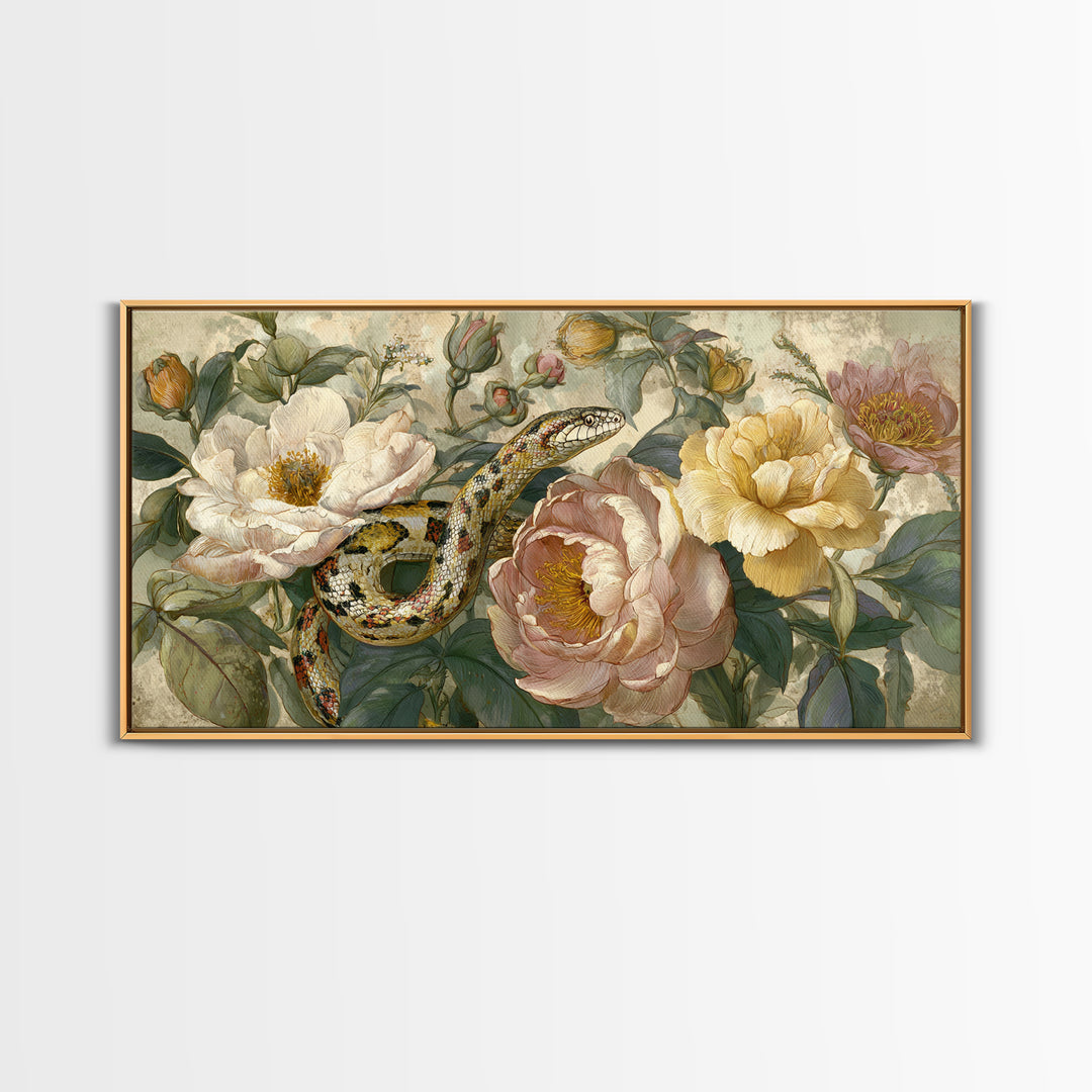 Highly Patterned Snake and Flower Composition Canvas Print, Maximalist Art, Living Room Decor, Maximal, Retro Wall Art, MAX-2x1-33