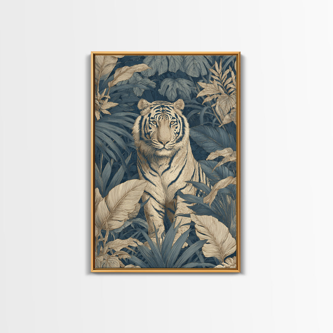 Bold Patterned Tiger Surrounded by Tropical Leaves Framed Canvas Print, Maximalist Art, Art Print, Living Room Decor, Maximal, MAX-2x3-34