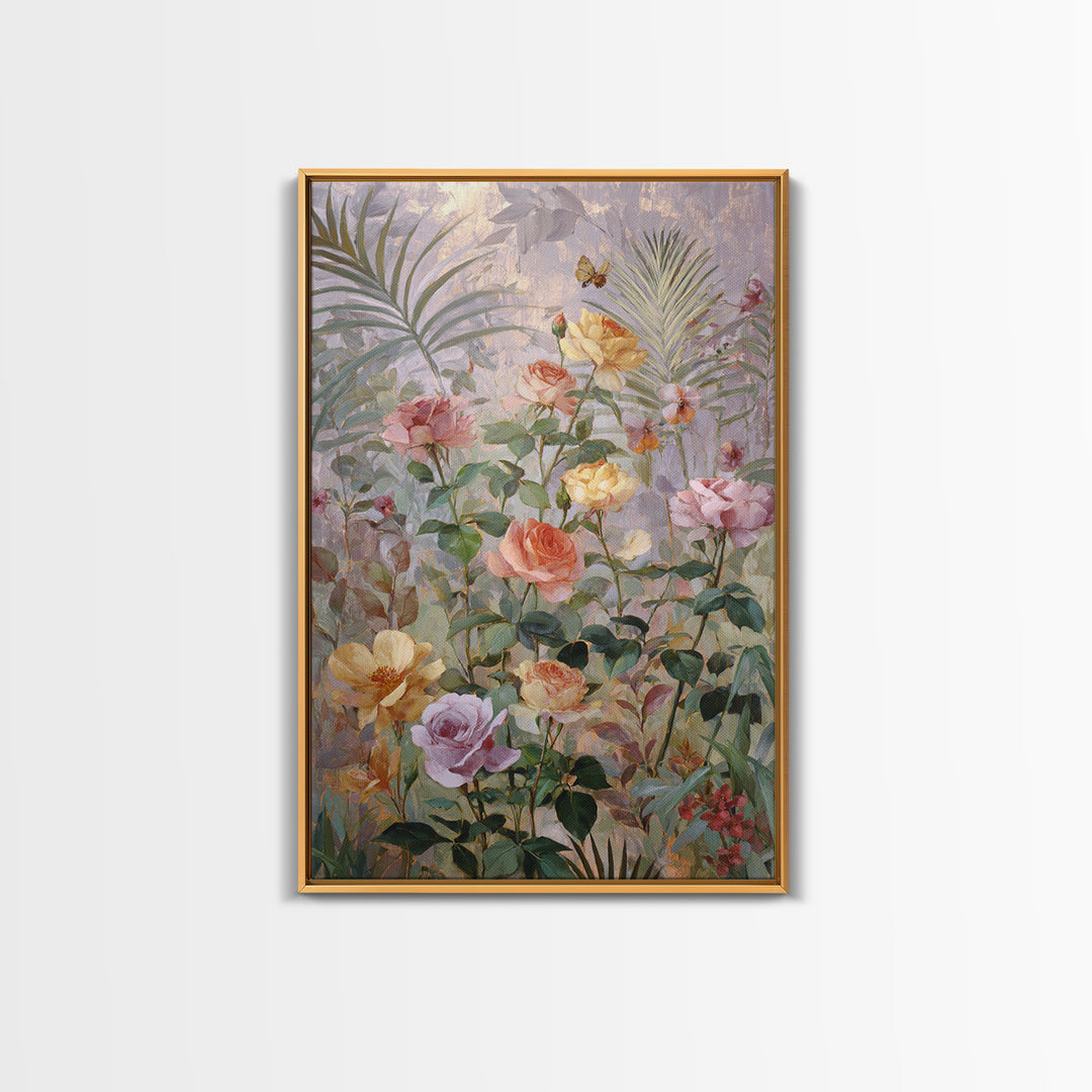 Lush Garden Wall of Roses Palms and Framed Canvas Print, Maximalist Art, Wall Decor, Living Room Decor, Fine Art, Maximal, MAX-2x3-46