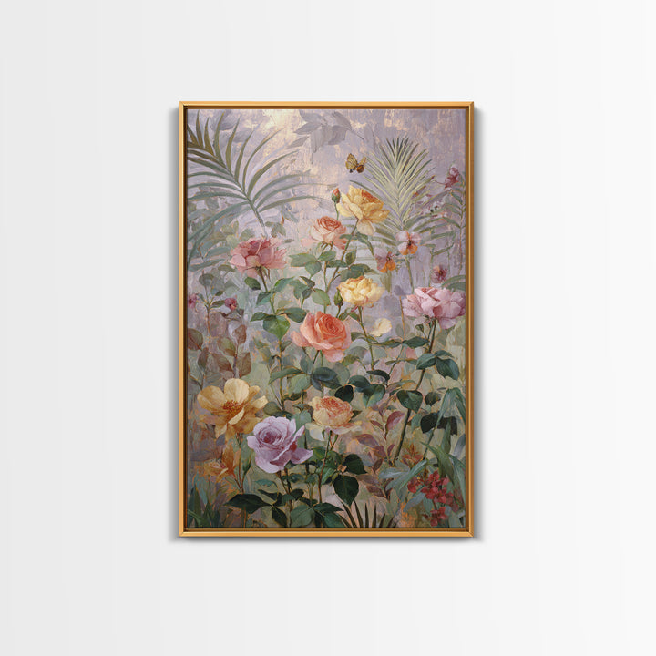 Lush Garden Wall of Roses Palms and Framed Canvas Print, Maximalist Art, Wall Decor, Living Room Decor, Fine Art, Maximal, MAX-2x3-46
