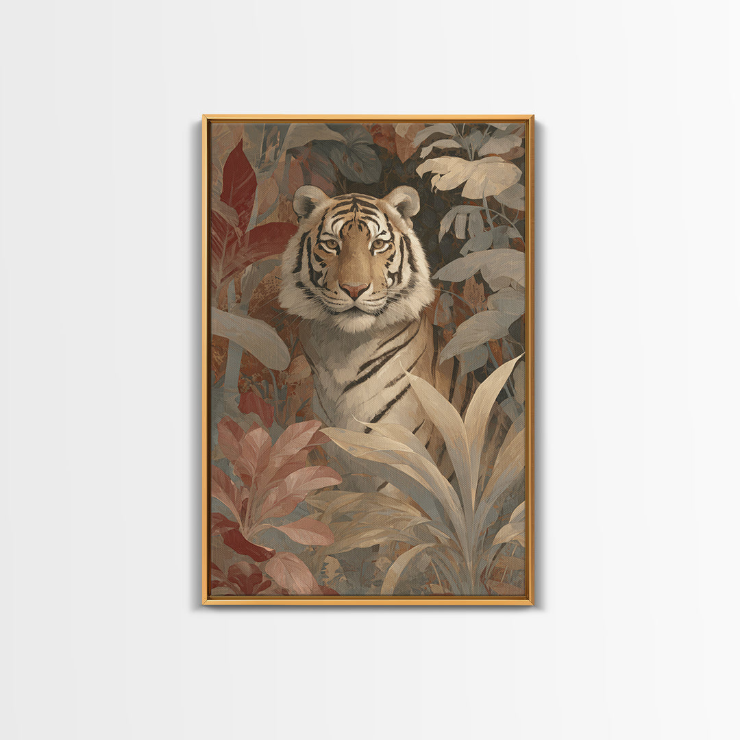 Bold Patterned Tiger Surrounded by Tropical Leaves Canvas Print, Maximalist Art, Art Nouveau, Living Room Decor, Maximal, MAX-2x3-58