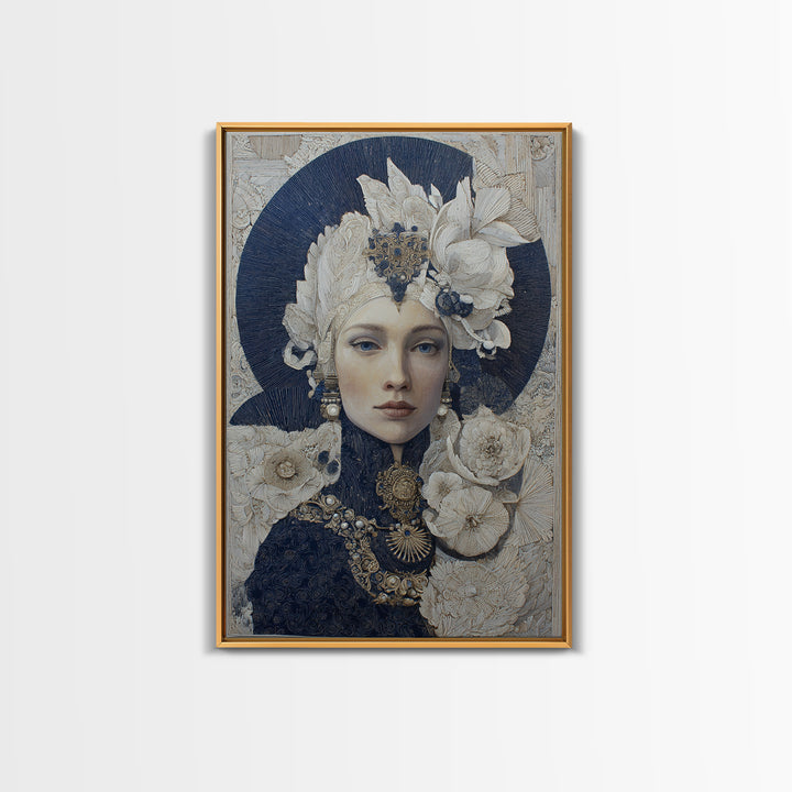Ornate Portrait with Layered Textiles and Jewels Framed Canvas Print, Maximalist Art, Modern Decor, Living Room Decor, Maximal, MAX-2x3-84
