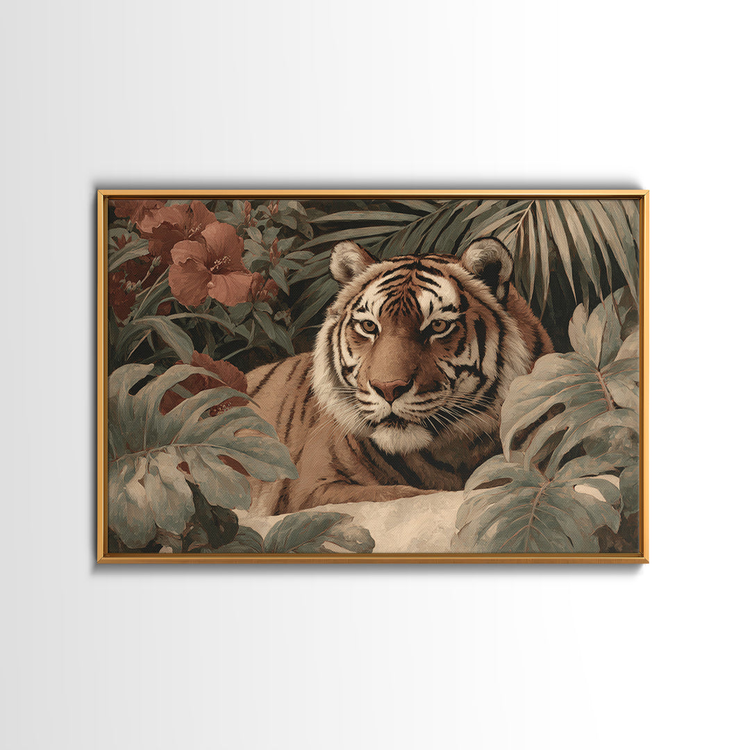 Bold Patterned Tiger Surrounded by Tropical Leaves Canvas Print, Maximalist Art, Modern Wall Art, Living Room Decor, Maximal, MAX-3x2-30