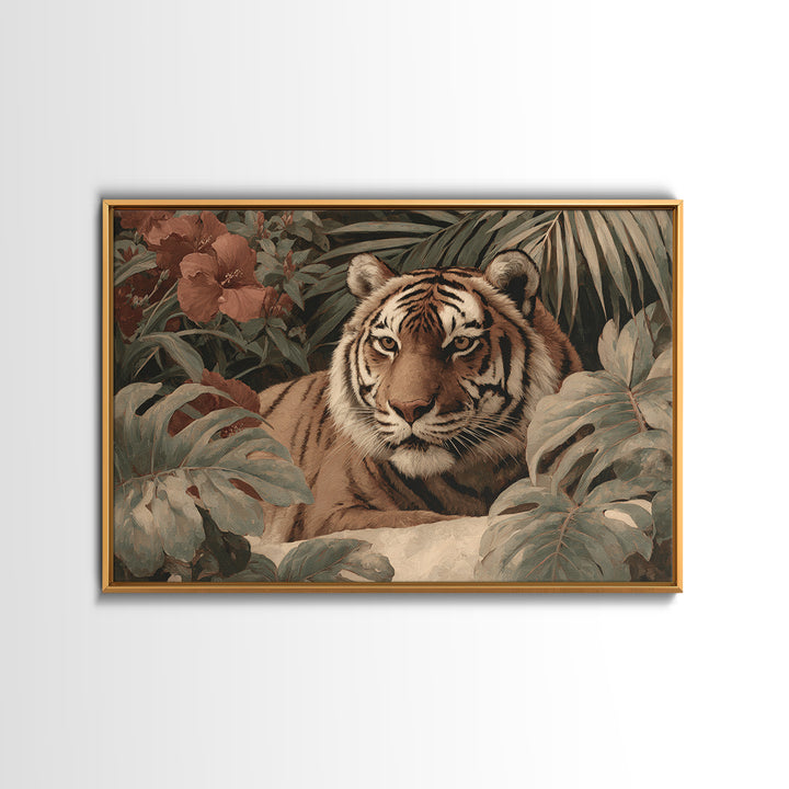 Bold Patterned Tiger Surrounded by Tropical Leaves Canvas Print, Maximalist Art, Modern Wall Art, Living Room Decor, Maximal, MAX-3x2-30