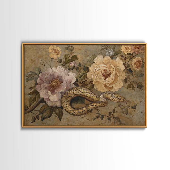 Highly Patterned Snake and Flower Composition Framed Canvas Print, Maximalist Art, Trendy Wall Art, Living Room Decor, Maximal, MAX-3x2-65