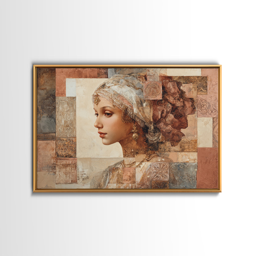 Ornate Portrait with Layered Textiles and Jewels Framed Canvas Print, Maximalist Art, Home Decor, Living Room Decor, Maximal, MAX-3x2-80