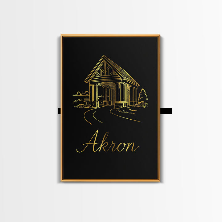 Akron Travel Poster, Framed Canvas Print, Minimalist Gold Line Art, Akron Travel Art, Travel Art Print, Retro Travel Print, Fine Art Print