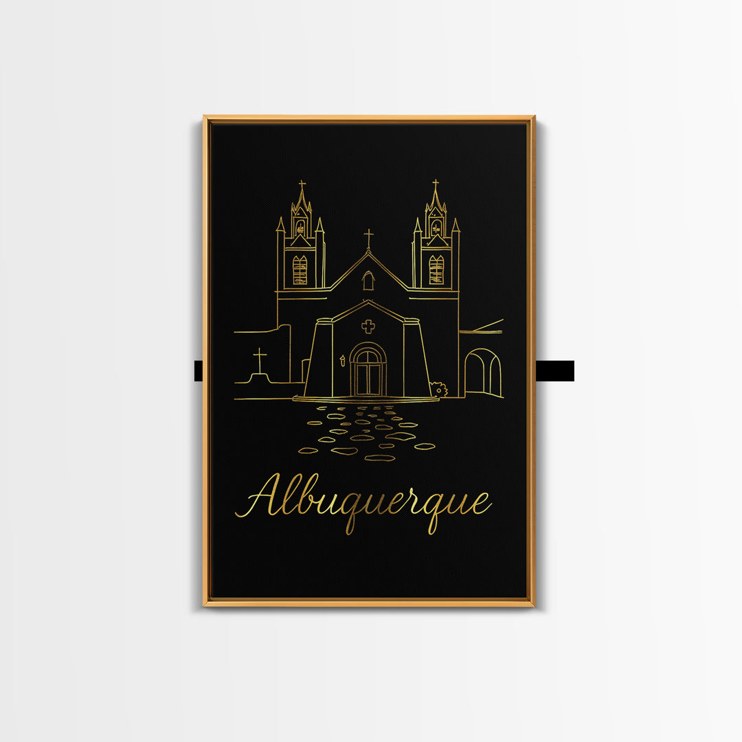 Albuquerque Travel Poster, Framed Canvas Print, Gold Outline Poster Art, Albuquerque Travel Art, Travel Wall Art, Wanderlust Decor