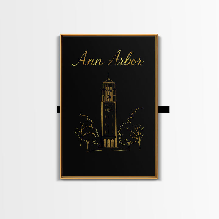 Ann Arbor Michigan Travel Poster, Canvas Print, Minimalist Gold Line Art, Ann Arbor Art Print, Art Print, Wall Decor, City Travel Prints