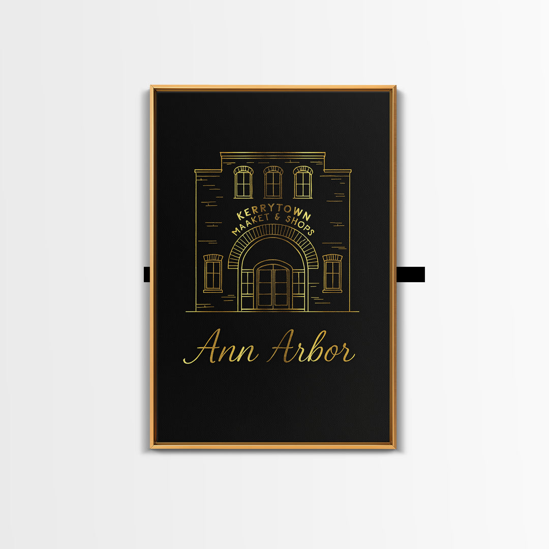 Ann Arbor Travel Poster, Framed Canvas Print, Minimalist Gold Line Art, Ann Arbor Wall Art, Retro Travel Print, Travel Wall Decor