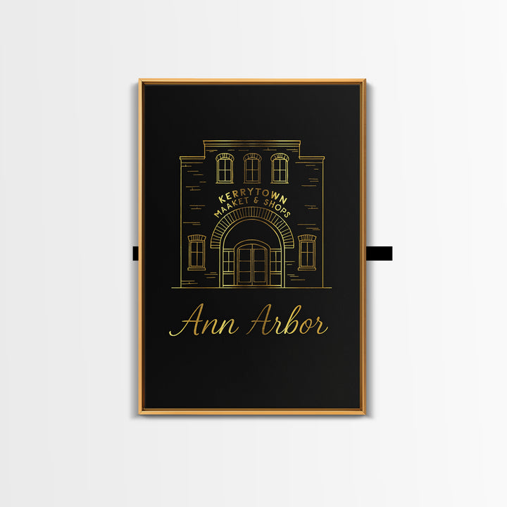 Ann Arbor Travel Poster, Framed Canvas Print, Minimalist Gold Line Art, Ann Arbor Wall Art, Retro Travel Print, Travel Wall Decor