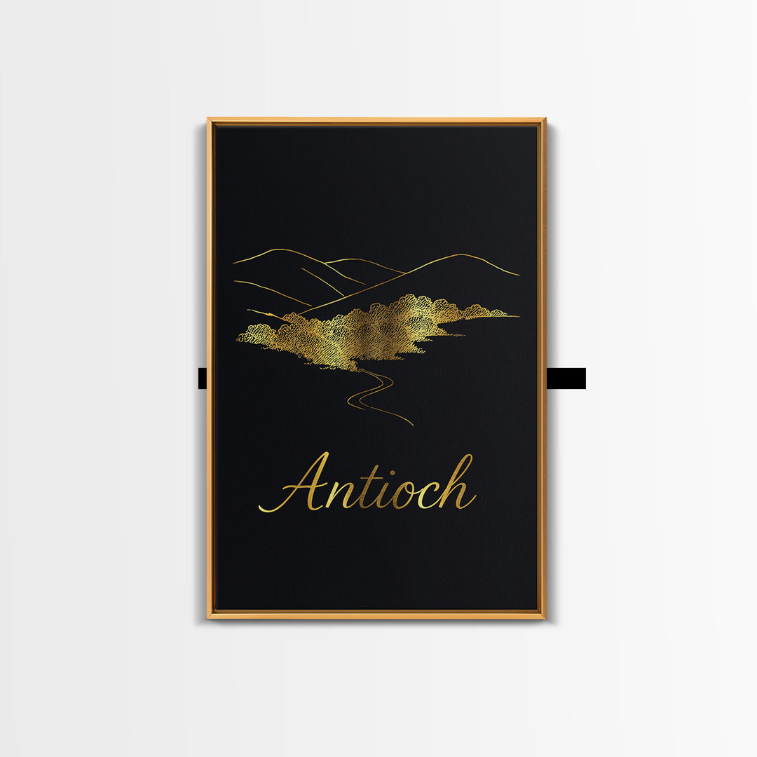 Antioch Travel Poster, Framed Canvas Print, Minimalist Gold Line Art, Antioch Poster Print, Retro Travel Print, Vintage City Art