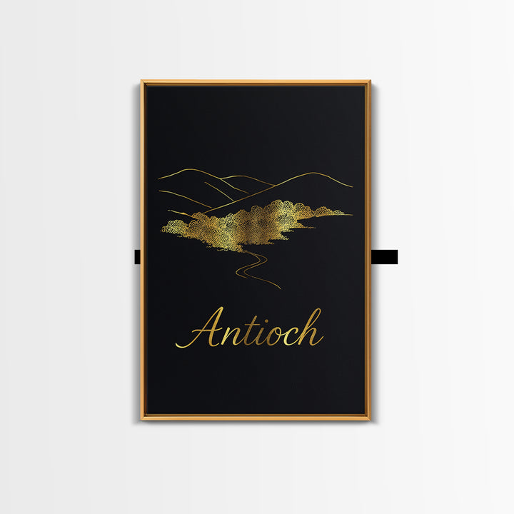 Antioch Travel Poster, Framed Canvas Print, Minimalist Gold Line Art, Antioch Poster Print, Retro Travel Print, Vintage City Art