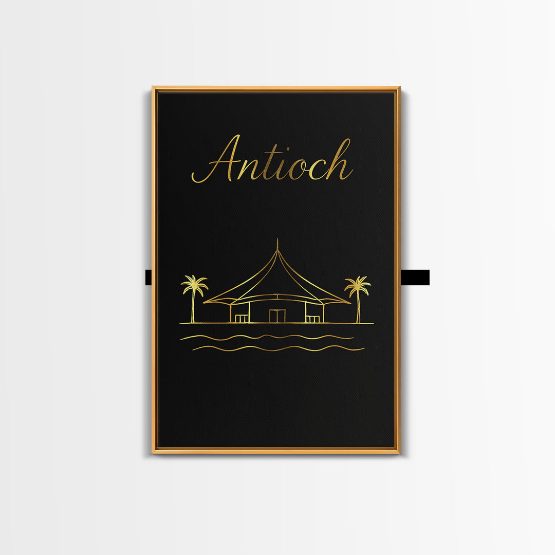Antioch Travel Poster, Canvas Print, Gold Outline Poster Art, Antioch Travel Art, Watercolor Urban Skyline, Mid Century Wall Art, Home Decor