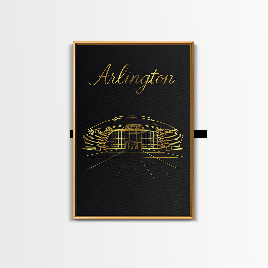 Arlington Texas Travel Poster, Framed Canvas Print, Minimalist Gold Line Art, Arlington Poster Print, Gift For Travelers, Retro Travel Print
