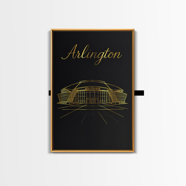 Arlington Texas Travel Poster, Framed Canvas Print, Minimalist Gold Line Art, Arlington Poster Print, Gift For Travelers, Retro Travel Print