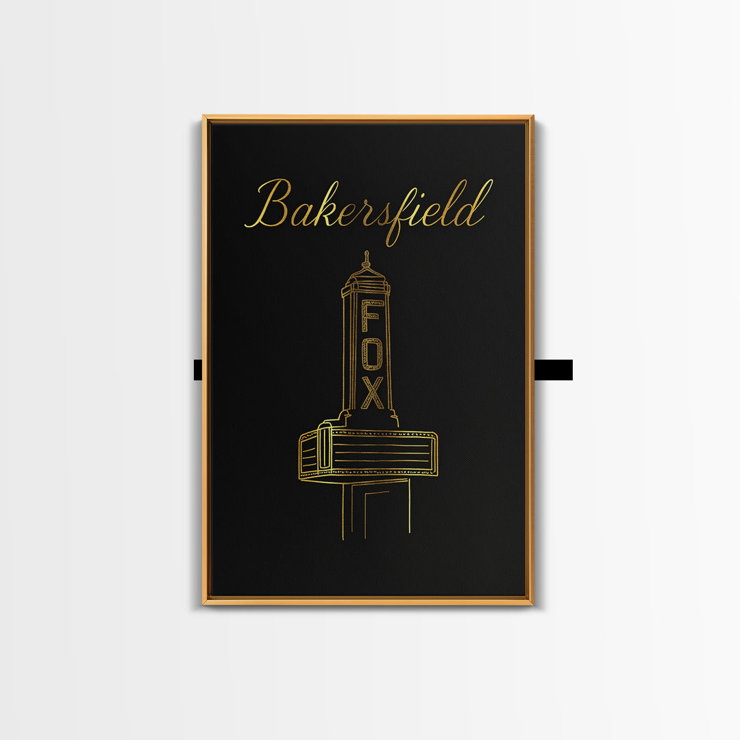 Bakersfield California Travel Poster, Canvas Print, Minimalist Gold Line Art, Bakersfield Travel Art, Watercolor Downtown Skyline