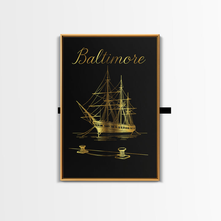Baltimore Travel Poster, Canvas Print, Black Gold Minimalist Art, Baltimore Travel Art, Living Room Wall Art, Retro Travel Print