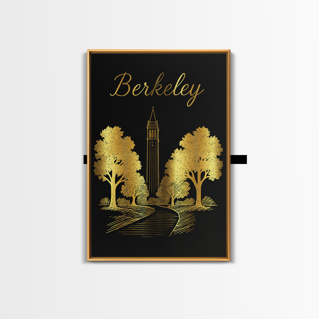 Berkeley Travel Poster, Framed Canvas Print, Minimalist Gold Line Art, Berkeley Wall Art, Watercolor Skyline, Living Room Wall Art