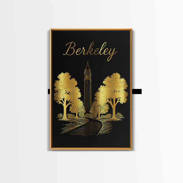 Berkeley Travel Poster, Framed Canvas Print, Minimalist Gold Line Art, Berkeley Wall Art, Watercolor Skyline, Living Room Wall Art