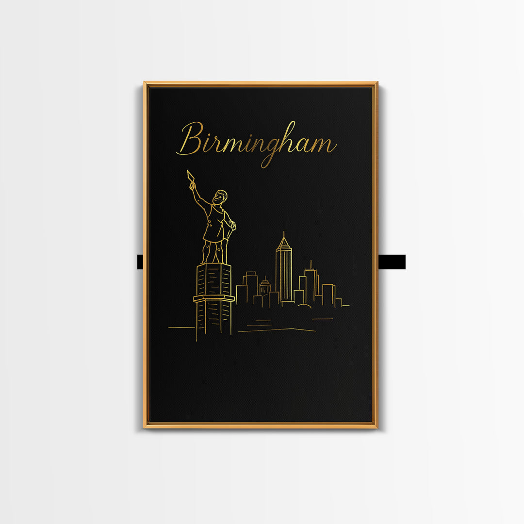Birmingham Alabama Travel Poster, Canvas Print, Black Gold Minimalist Art, Birmingham Wall Art, Vintage Travel Art, Living Room Wall Art
