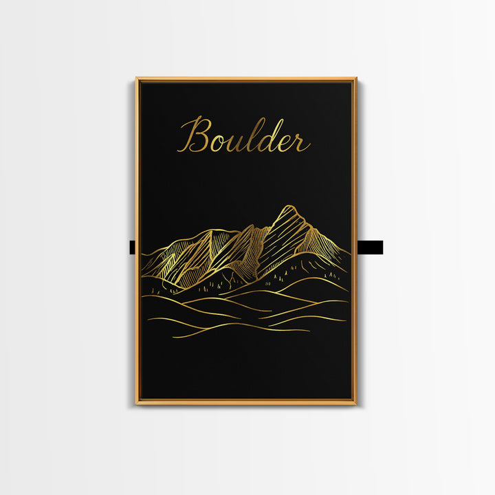 Boulder Travel Poster, Canvas Print, Gold Outline Poster Art, Boulder Art Print, Travel Wall Decor, Home Office Decor, Eclectic Wall Decor