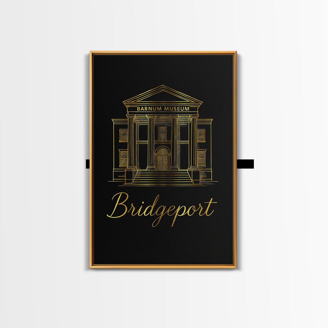 Bridgeport Travel Poster, Framed Canvas Print, Gold Outline Poster Art, Bridgeport Art Print, Mid Century Wall Art, Vintage City Art
