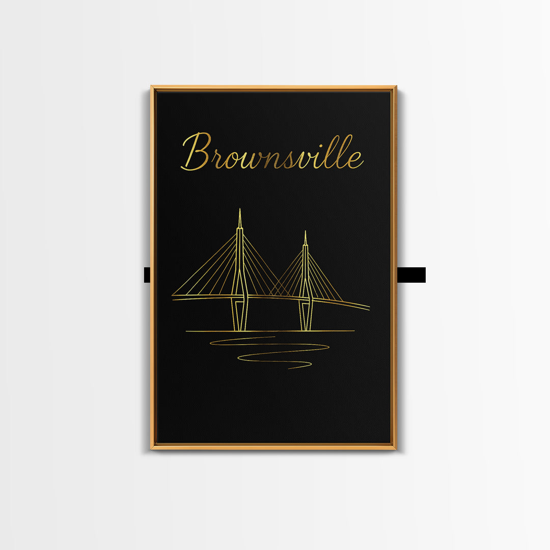 Brownsville Texas Travel Poster, Framed Canvas Print, Gold Outline Poster Art, Brownsville Poster Print, Eclectic Wall Decor, Fine Art Print