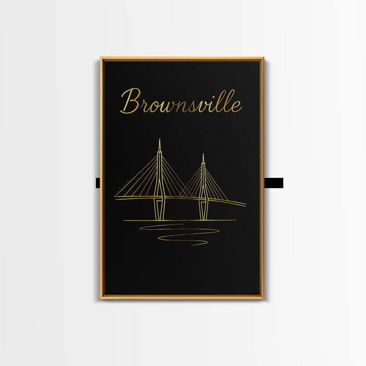 Brownsville Texas Travel Poster, Framed Canvas Print, Gold Outline Poster Art, Brownsville Poster Print, Eclectic Wall Decor, Fine Art Print