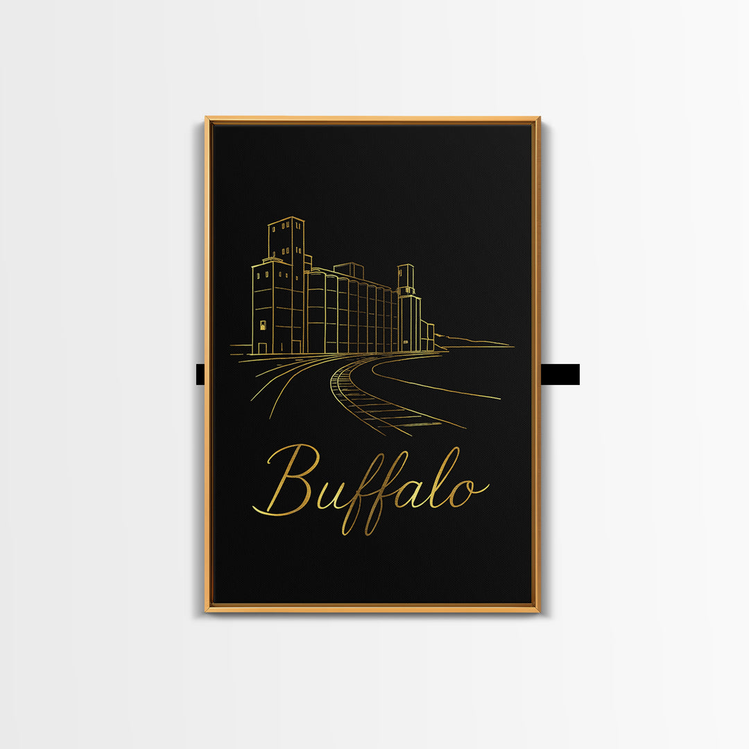 Buffalo Travel Poster, Framed Canvas Print, Gold Outline Poster Art, Buffalo City Art, Mid Century Wall Art, Travel Poster Set