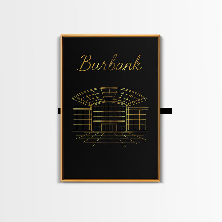 Burbank California Travel Poster, Framed Canvas Print, Gold Outline Poster Art, Burbank Poster Print, Travel Wall Art, Living Room Wall Art