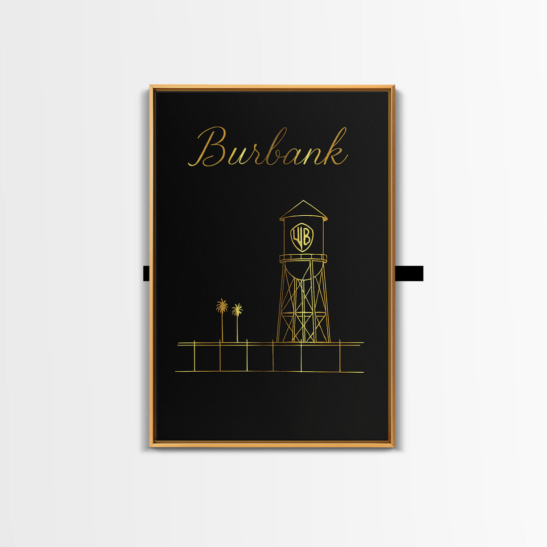 Burbank Travel Poster, Framed Canvas Print, Gold Outline Poster Art, Burbank Wall Art, Vintage City Poster, Retro Travel Print