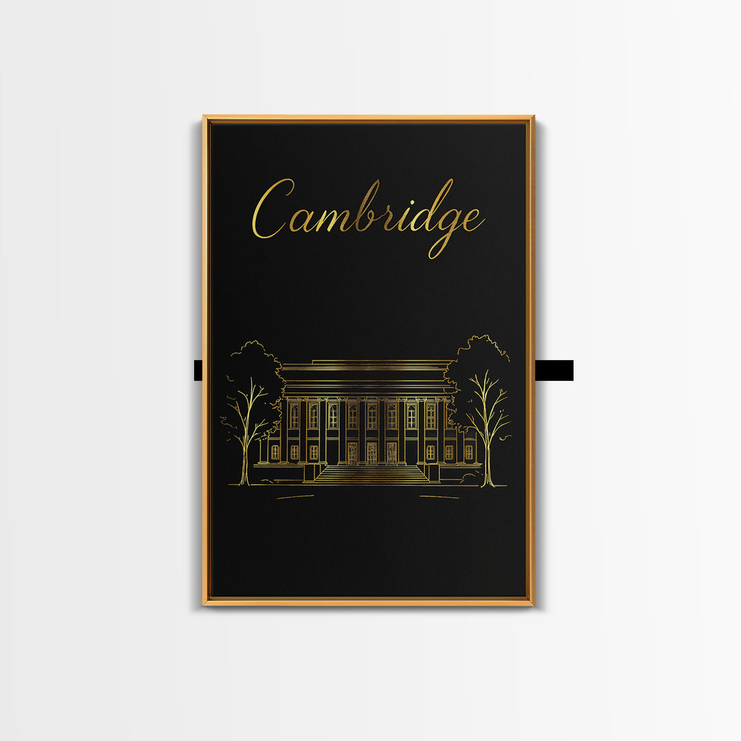 Cambridge Travel Poster, Framed Canvas Print, Black Gold Minimalist Art, Cambridge City Art, Retro Travel Print, Travel Wall Decor